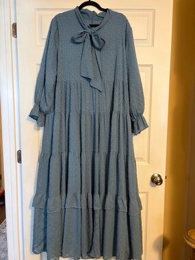Dainty Jewells Dusty Blue Tie-Neck Tiered Maxi Dress